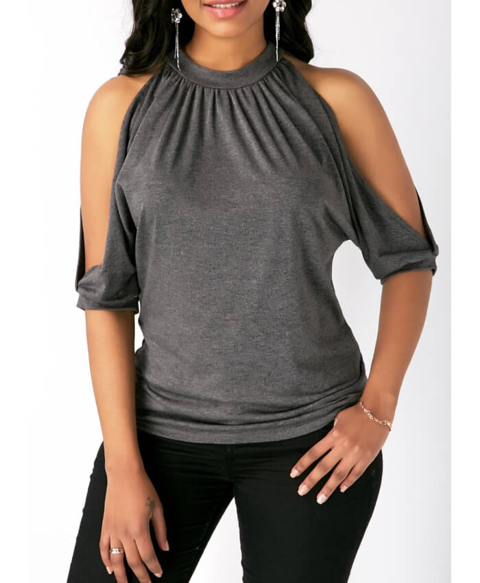 Tie Back Cold Shoulder Grey Blouse